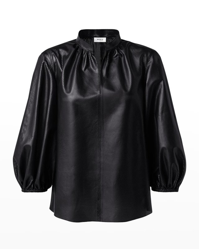 Mandarin-Collar Perforated Leather Blouse